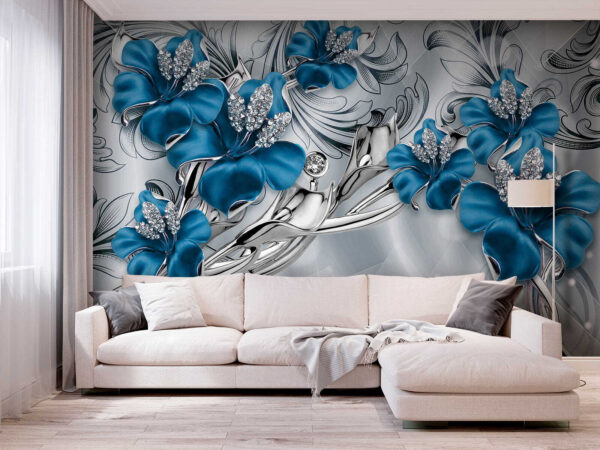 Silver and blue flowers on a silver and black background Silver and blue flowers on a silver and black background