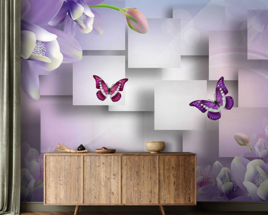 Wall murals Purple and white flowers and butterflies - Image 2