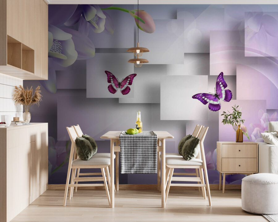 Wall murals Purple and white flowers and butterflies