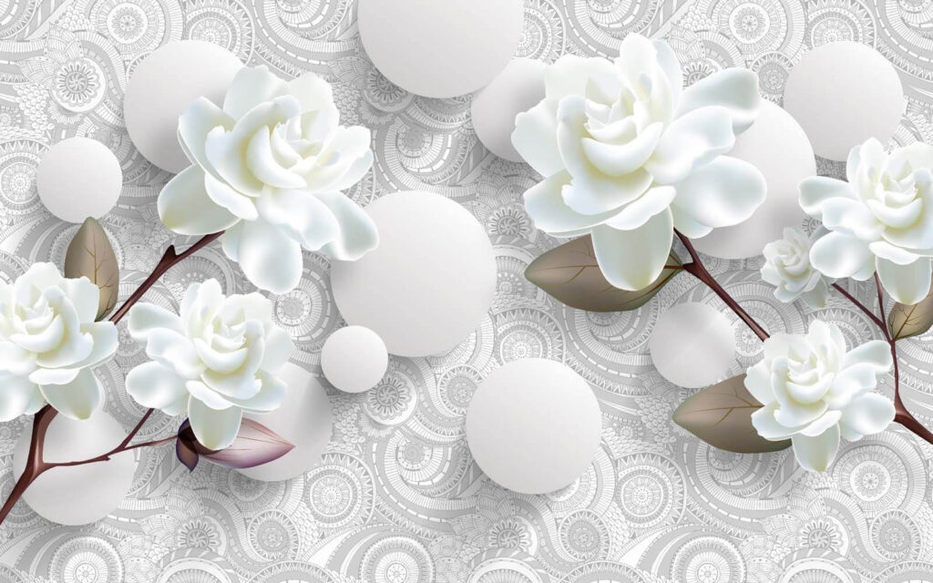 White flowers and circles on a white background White flowers and circles on a white background