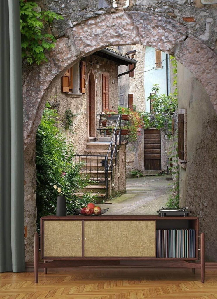 Stone archway with plants and stairs