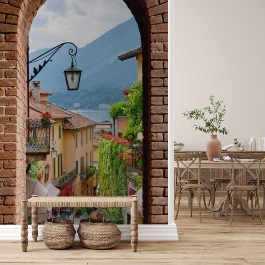 Brick arch with a street light and a view of a town