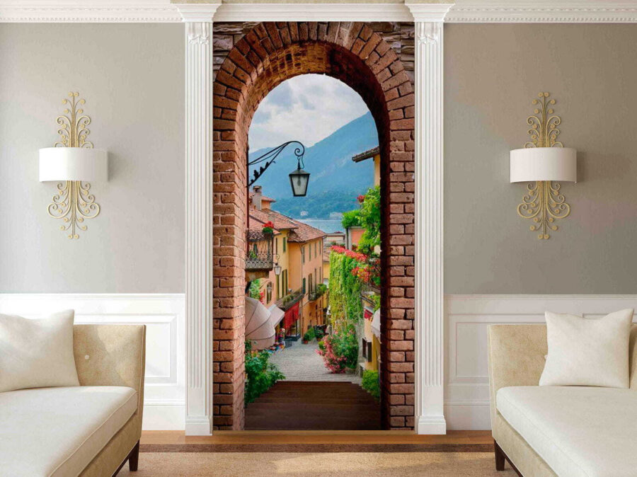 Brick arch with a street light and a view of a town Brick arch with a street light and a view of a town