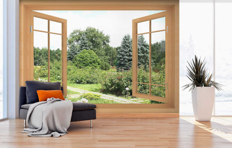 Window with trees and a path through it Window with trees and a path through it