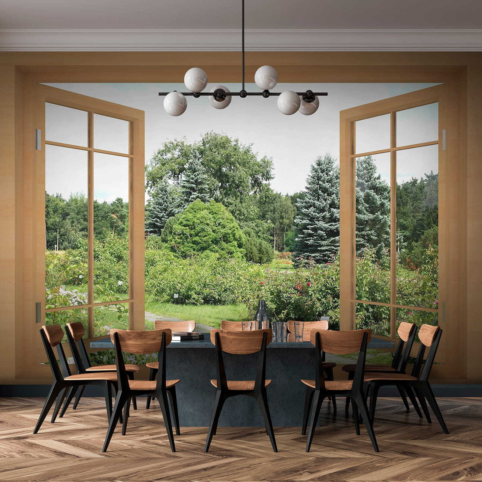 Window with trees and a path through it