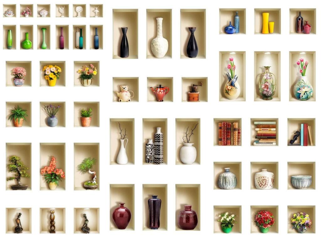 Wall with shelves full of vases and flowers Wall with shelves full of vases and flowers