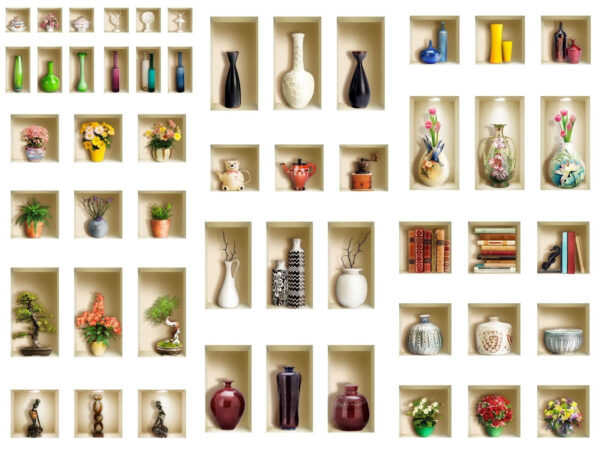 Wall with shelves full of vases and flowers Wall with shelves full of vases and flowers