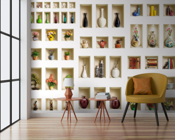 Wall with shelves full of vases and flowers Wall with shelves full of vases and flowers