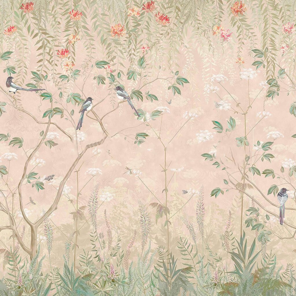 Wallpaper with birds on trees and flowers Wallpaper with birds on trees and flowers
