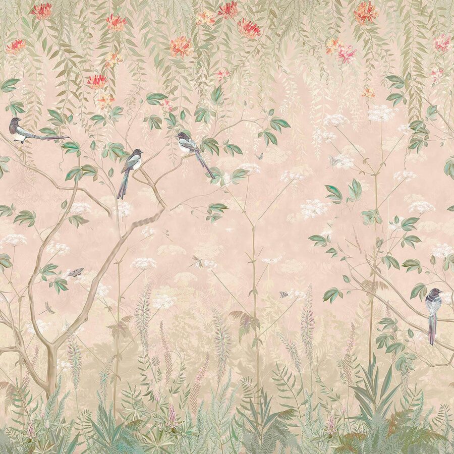 Wallpaper with birds on trees and flowers Wallpaper with birds on trees and flowers