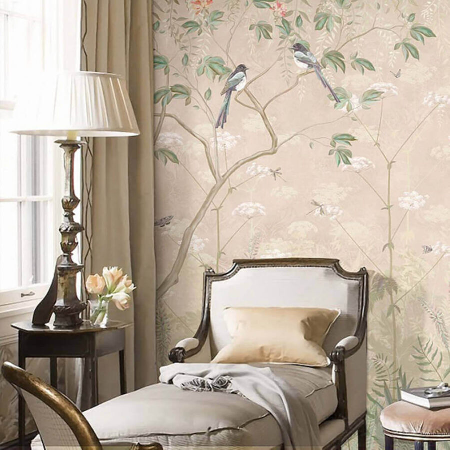 Wallpaper with birds on trees and flowers Wallpaper with birds on trees and flowers