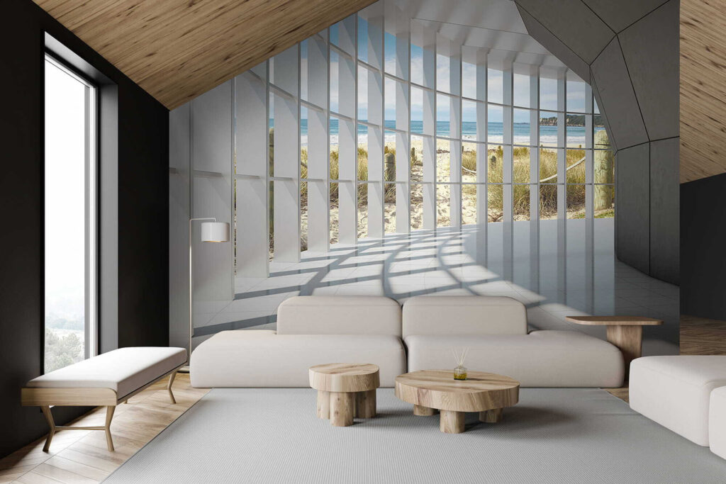 Large room with windows and a beach view Large room with windows and a beach view