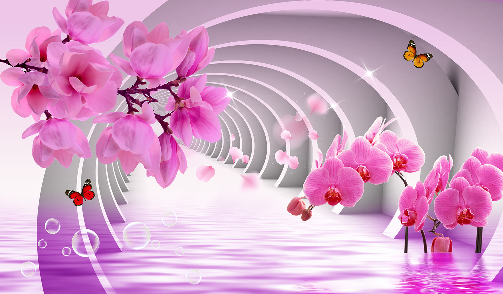 Pink flowers in a tunnel
