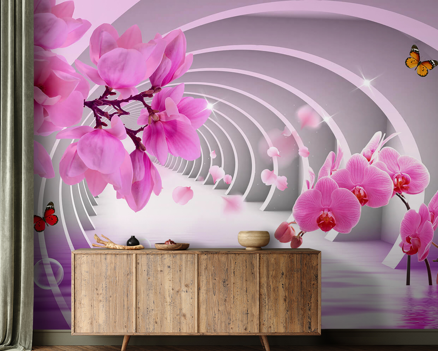 Pink flowers in a tunnel