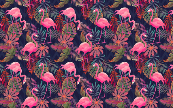 A pattern of pink flamingos and leaves A pattern of pink flamingos and leaves