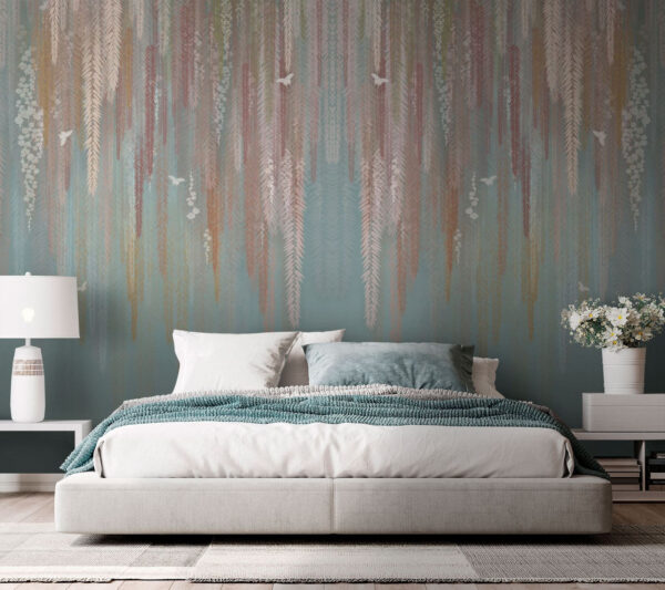 Wallpaper with a pattern of leaves and birds Wallpaper with a pattern of leaves and birds