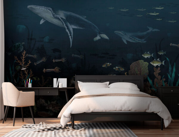 Group of fish and whales swimming in the ocean Group of fish and whales swimming in the ocean