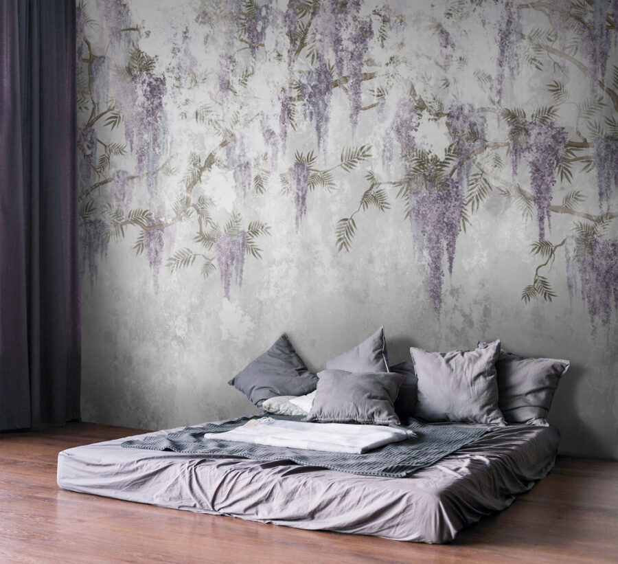 White wall with purple flowers