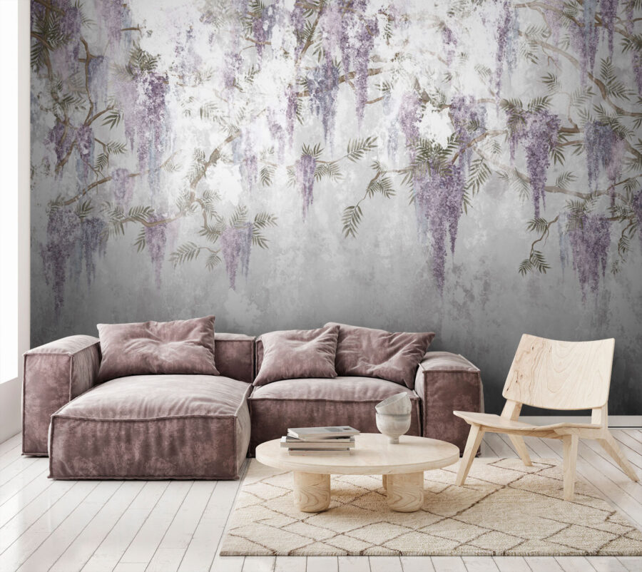 White wall with purple flowers