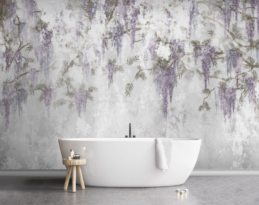 White wall with purple flowers