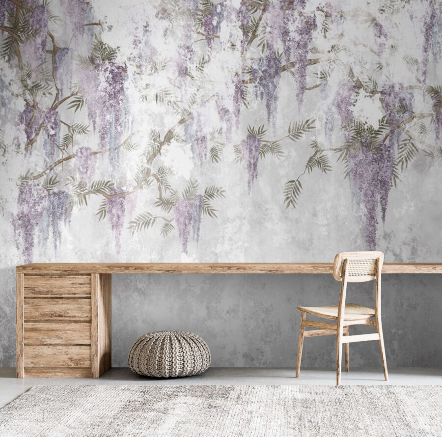 White wall with purple flowers