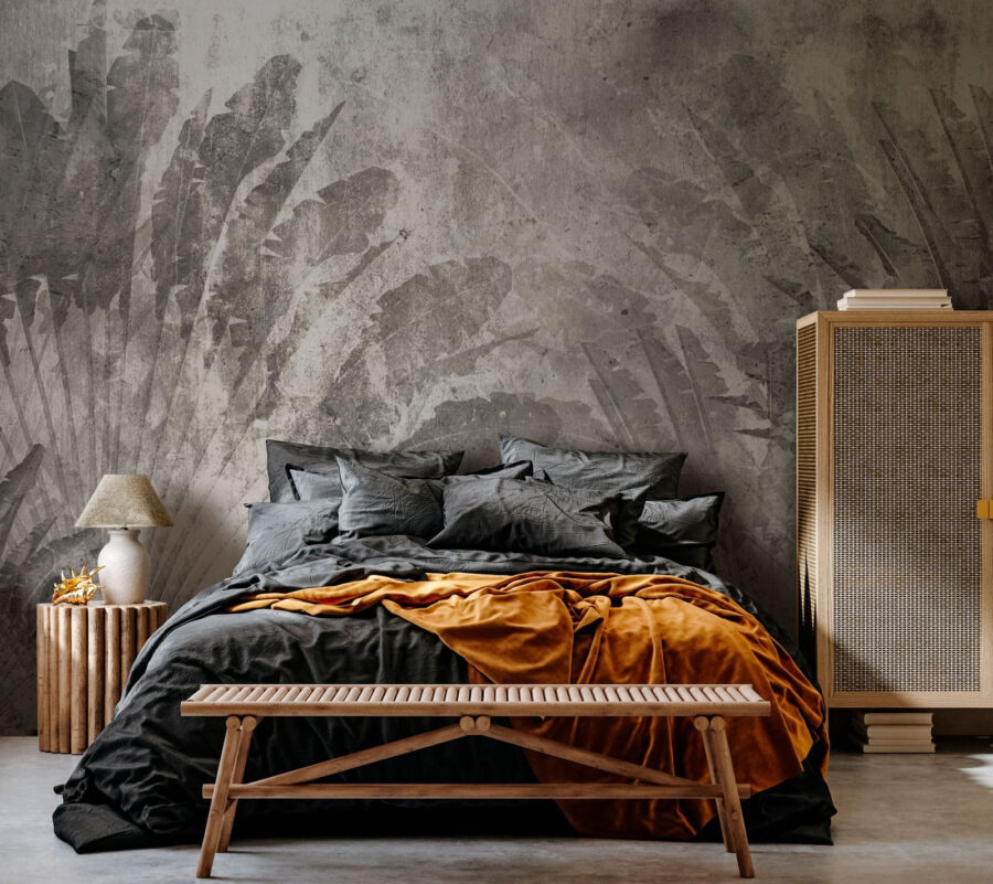 Grey and white background with leaves
