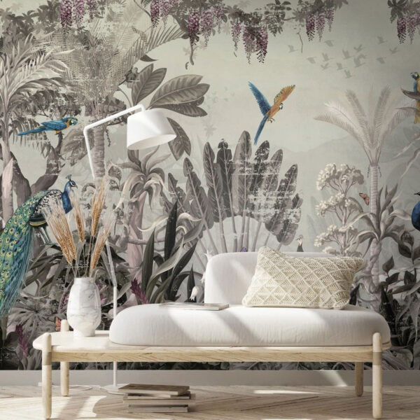 Wallpaper with birds and plants