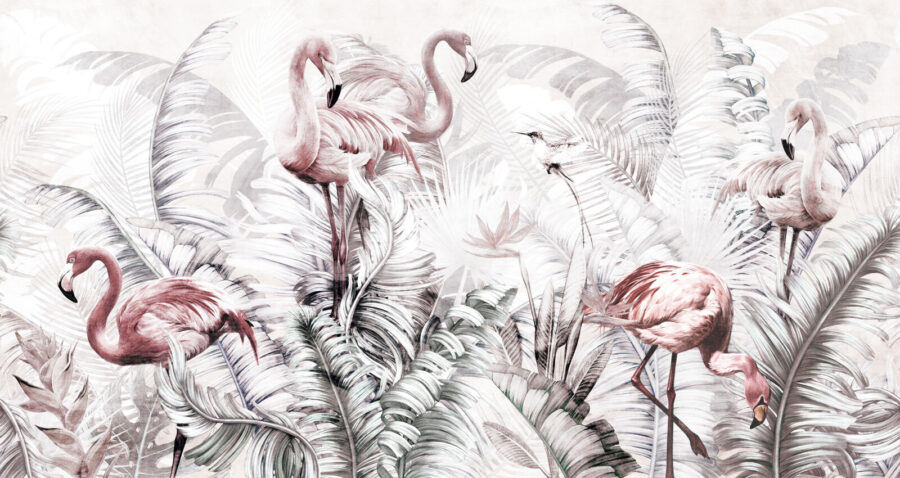 Wallpaper with flamingos and birds