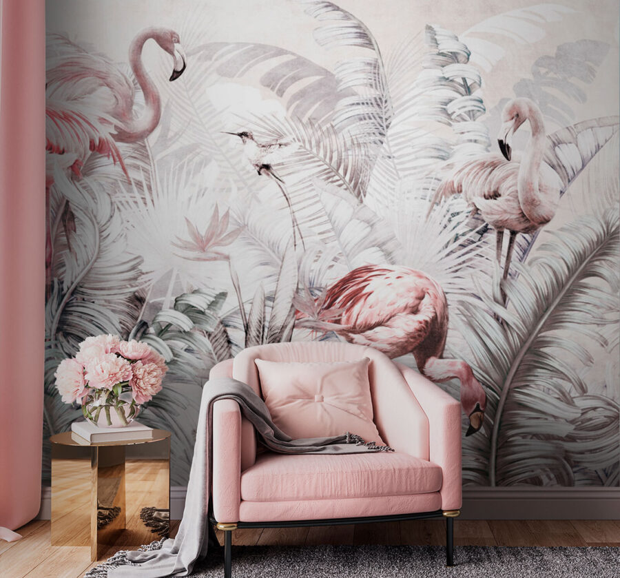 Wallpaper with flamingos and birds