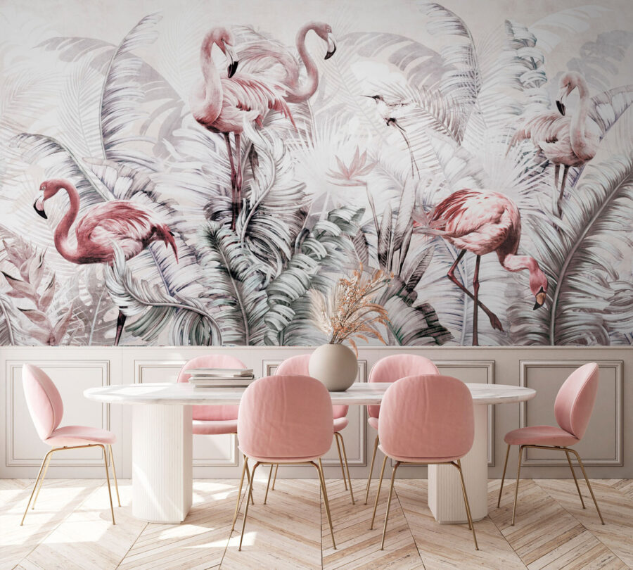 Wallpaper with flamingos and birds