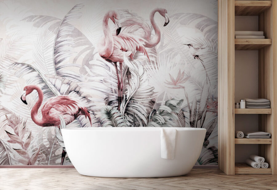 Wallpaper with flamingos and birds