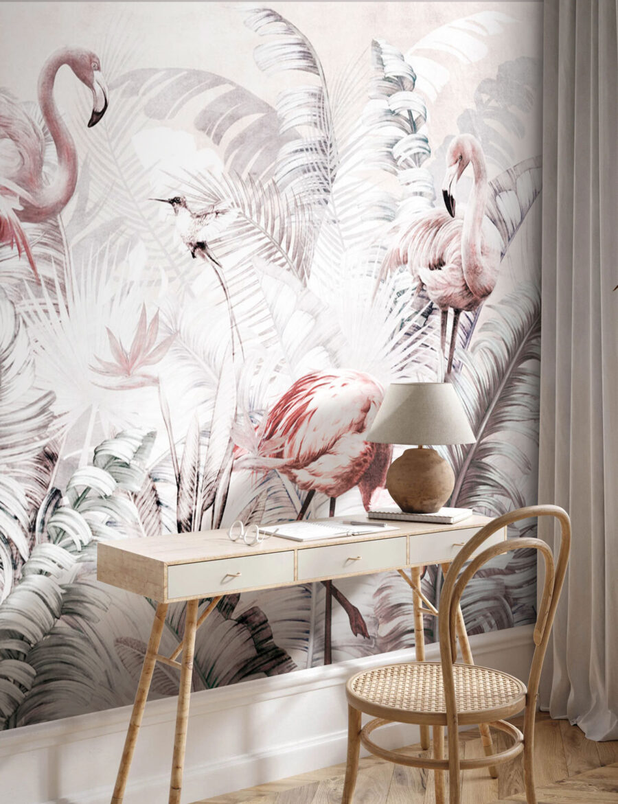 Wallpaper with flamingos and birds