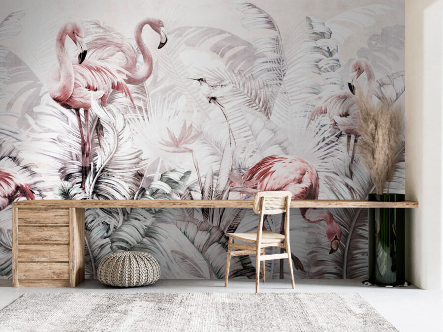 Wallpaper with flamingos and birds