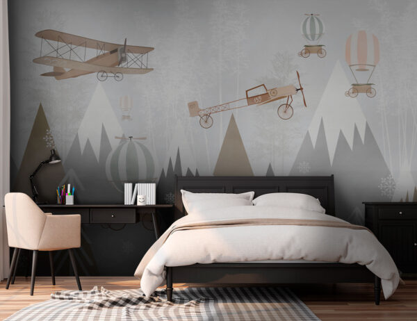 Wall mural of airplanes and hot air balloons flying over mountains Wall mural of airplanes and hot air balloons flying over mountains