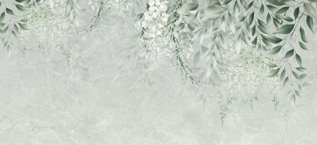 White flowers and green leaves on a white background White flowers and green leaves on a white background