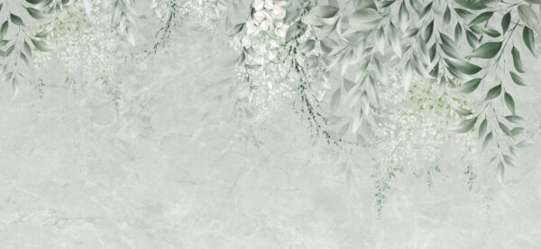 White flowers and green leaves on a white background White flowers and green leaves on a white background