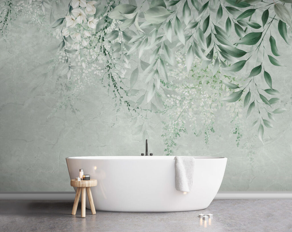 White flowers and green leaves on a white background