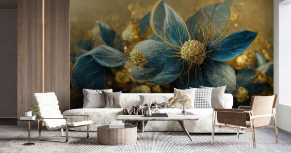 Wall murals Elegant blue leaves and delicate blooms (SKU: u74143) Wall murals Wall murals Elegant blue leaves and delicate blooms (SKU: u74143)