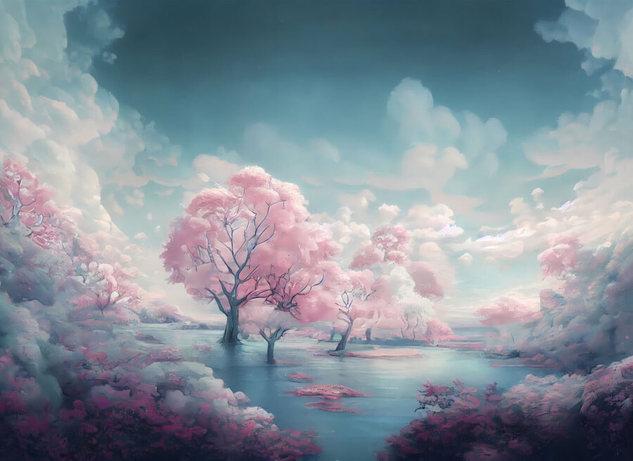 Landscape of pink trees and water Landscape of pink trees and water