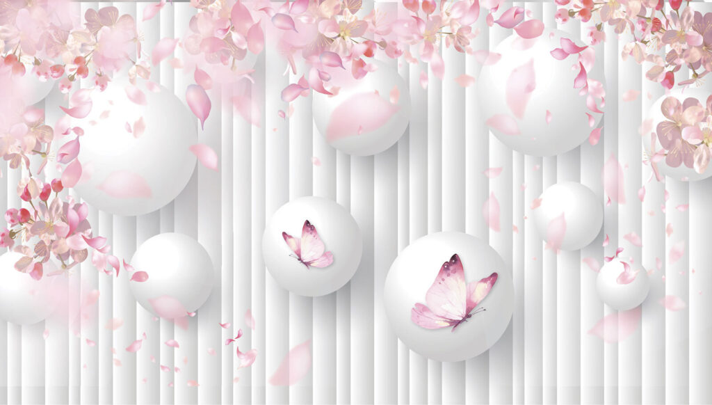 Group of white balls with pink butterflies on them Group of white balls with pink butterflies on them