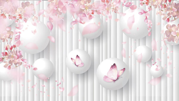 Group of white balls with pink butterflies on them Group of white balls with pink butterflies on them