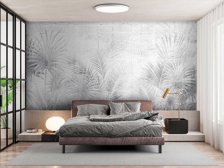 White and grey background with palm leaves White and grey background with palm leaves