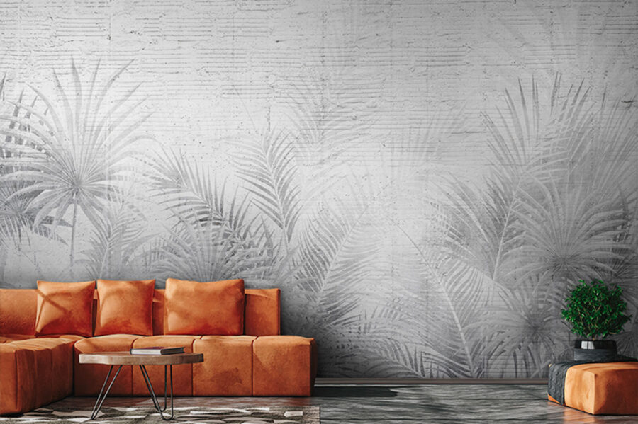 White and grey background with palm leaves