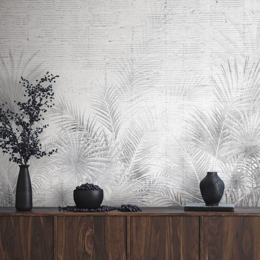 White and grey background with palm leaves White and grey background with palm leaves
