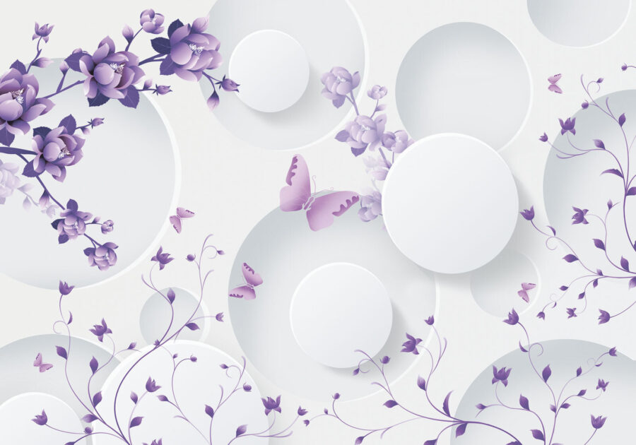 Purple flowers and white circles with purple butterflies