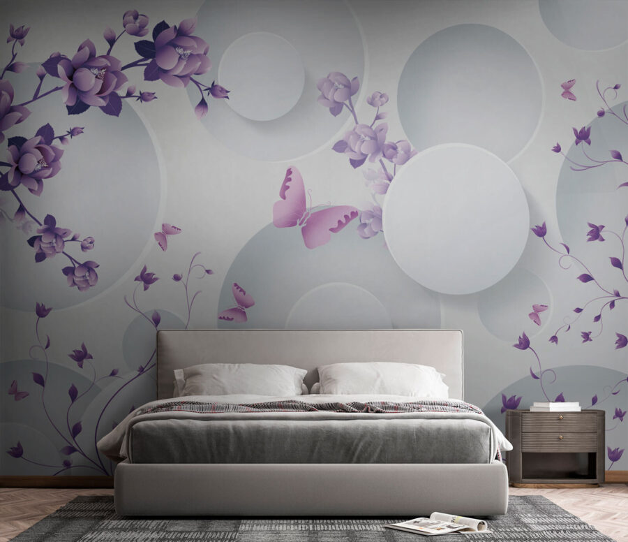 Purple flowers and white circles with purple butterflies