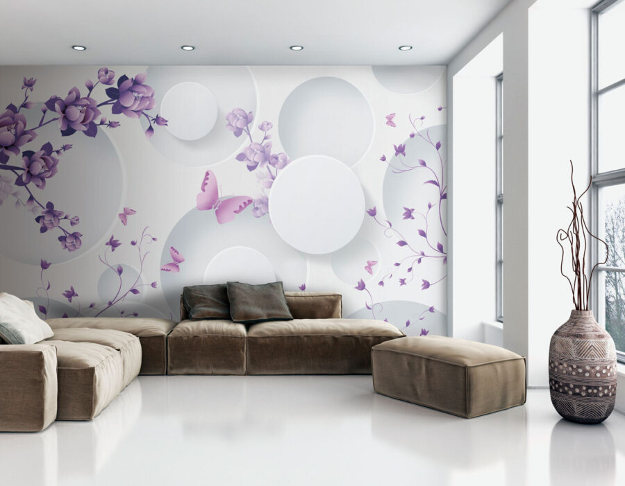 Purple flowers and white circles with purple butterflies