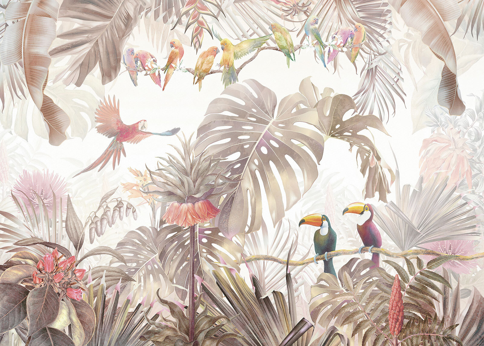 Group of birds on a branch surrounded by tropical plants