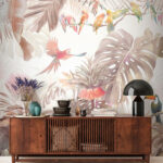 Wall murals Group of birds on a branch surrounded by tropical plants