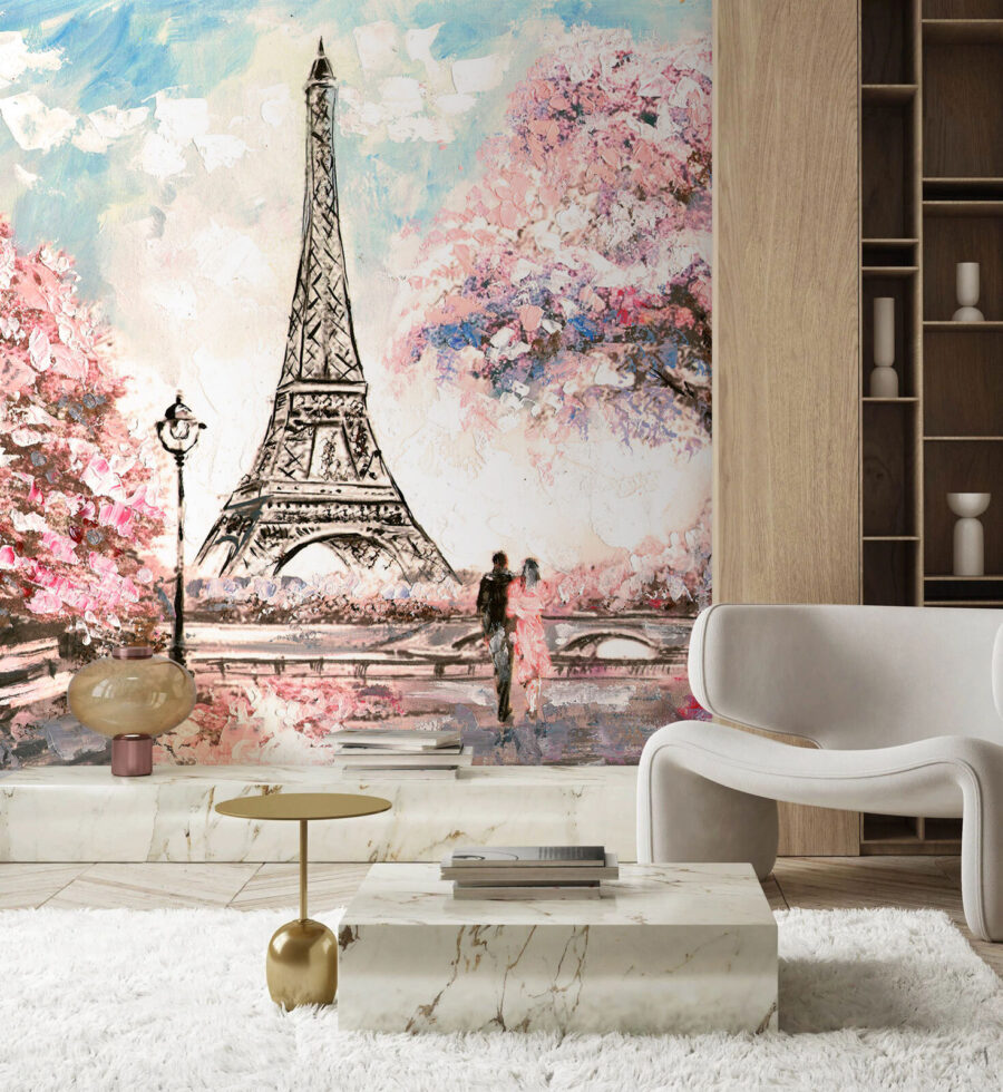 Painting of a tower with pink flowers